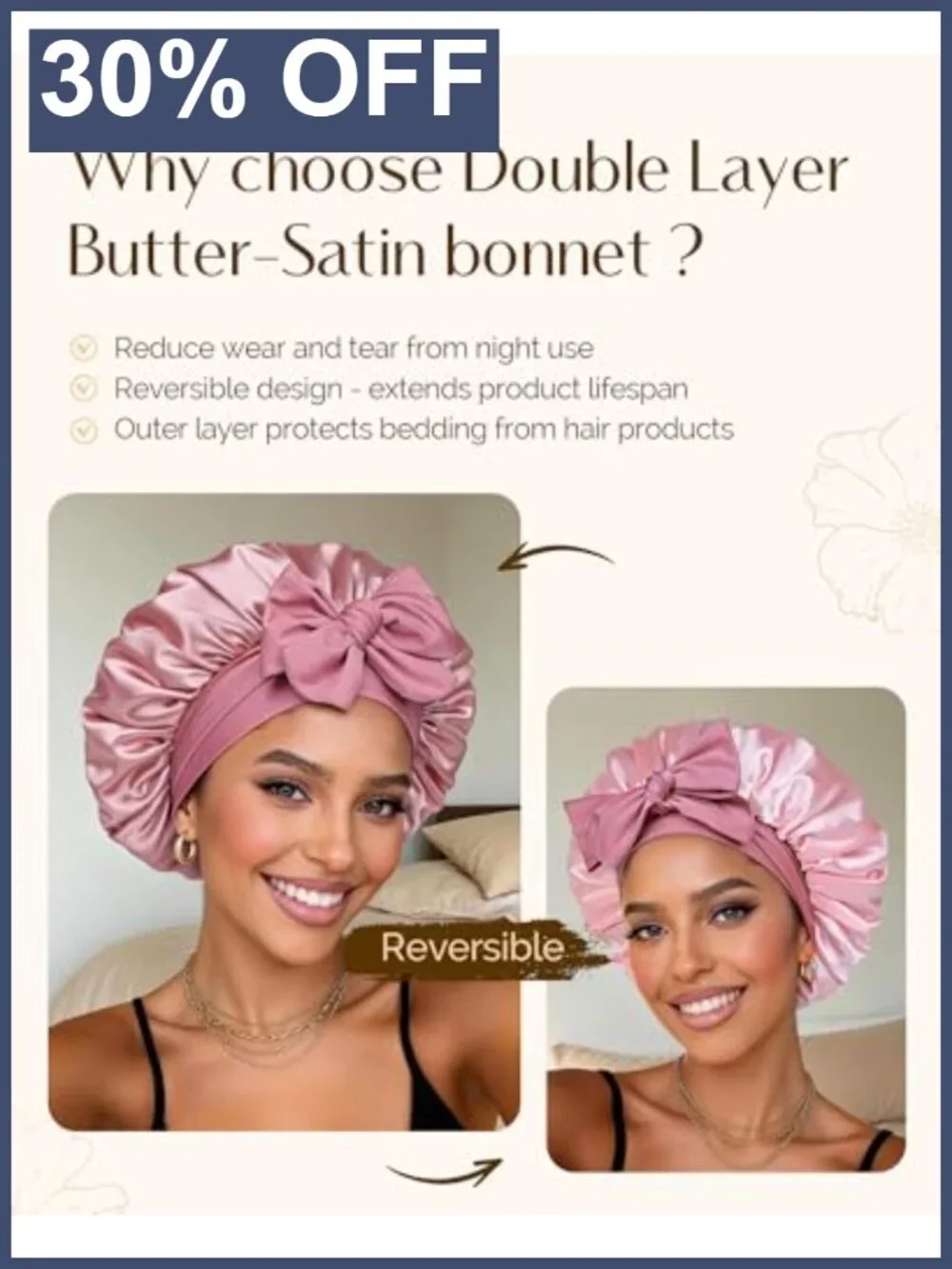 Reversible Double Layer Satin Sleep Bonnet Adjustable Hair Care